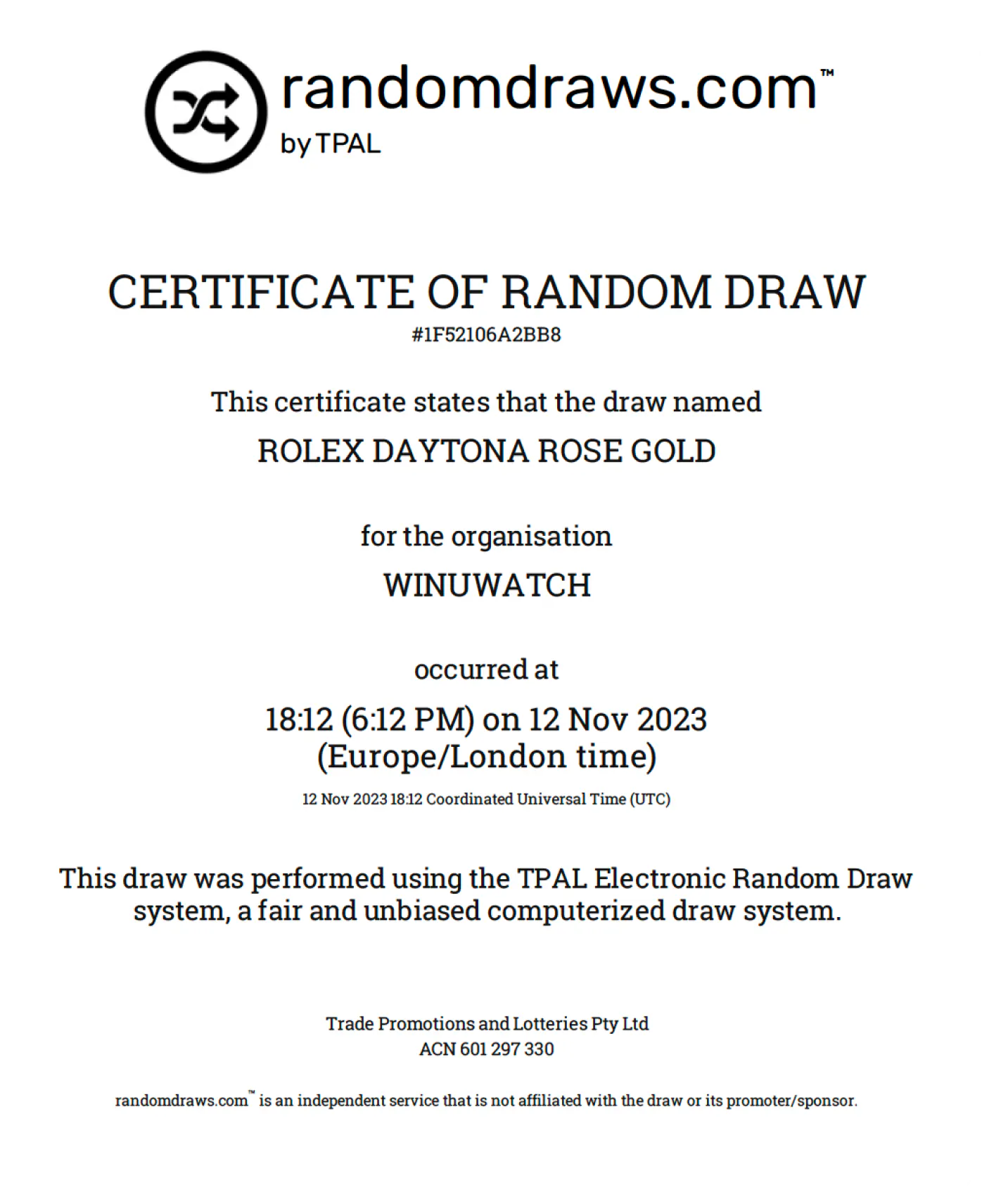 Random Draws Certificate